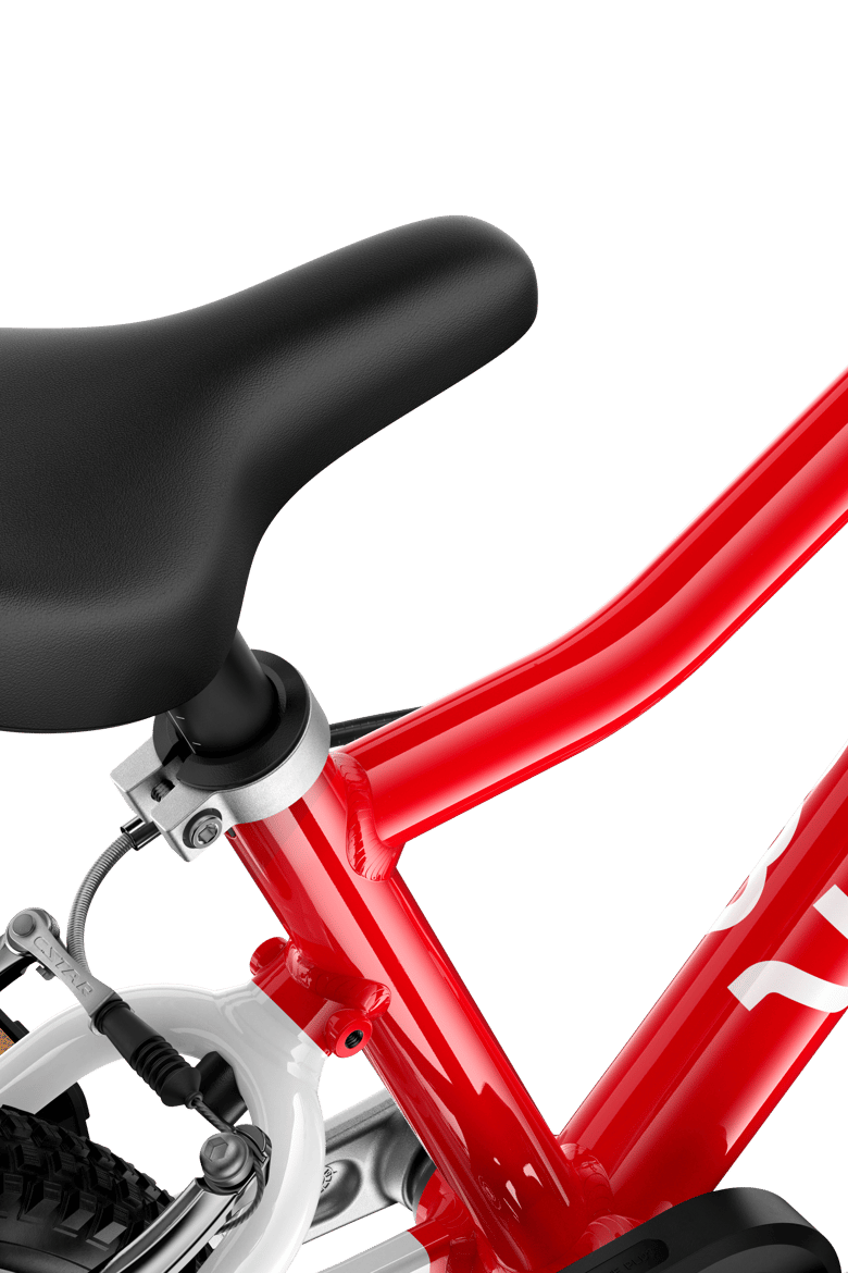 Detailed view of the saddle on the woom GO 2 children's bike