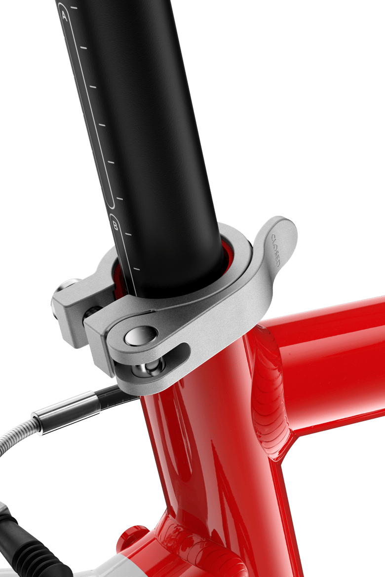 Silver seatpost clamp with silver quick-release lever on the woom GO 4 children's bike