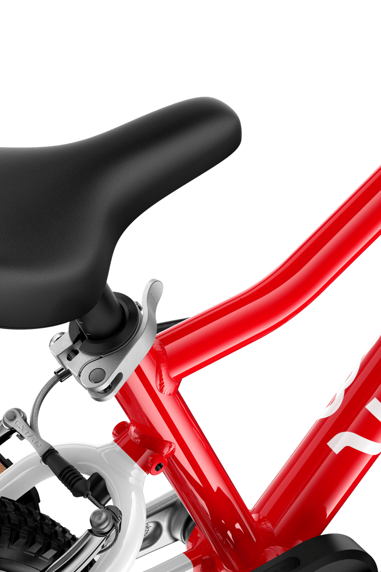 Detailed view of the saddle on the woom GO 3 children's bike