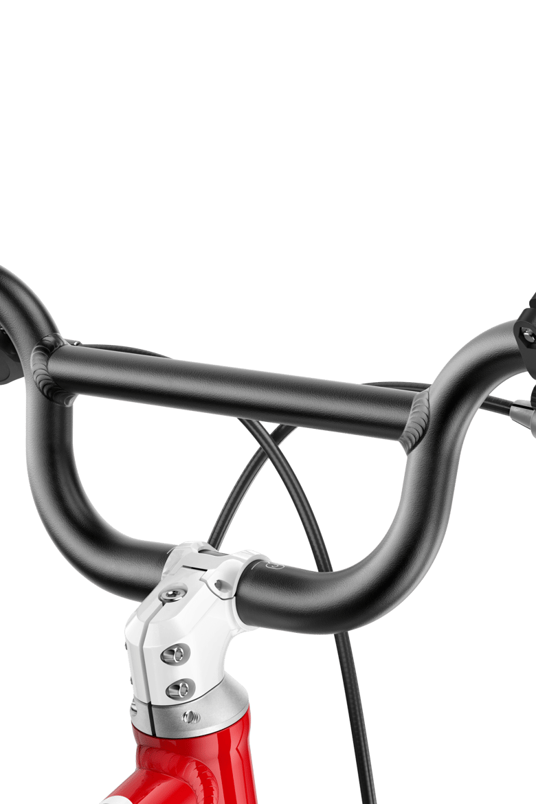Detailed view of the stem, BMX handlebars and grips on the woom GO 1 PLUS balance bike
