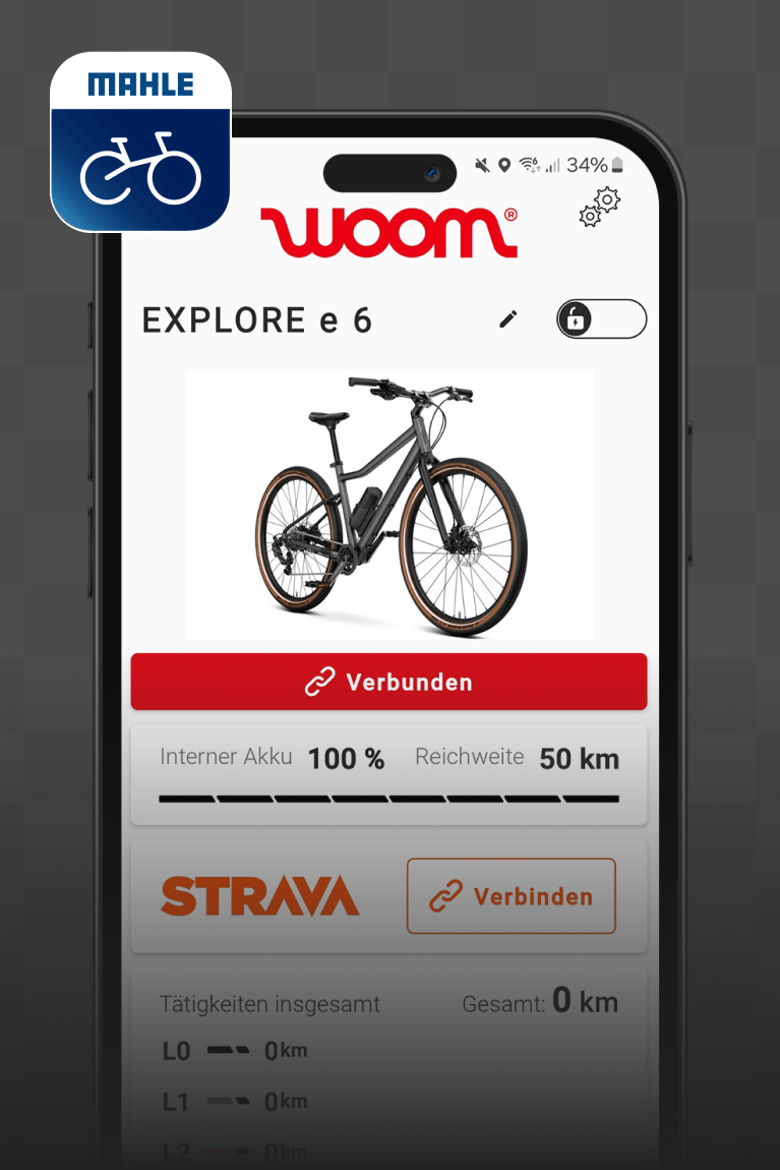 Handy mit geöffneter MAHLE SmartBike App für das woom EXPLORE e E-Bike.