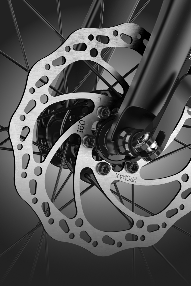 Detailansicht der vorderen silberfarbenen Scheibenbremse am woom EXPLORE e E-Bike.