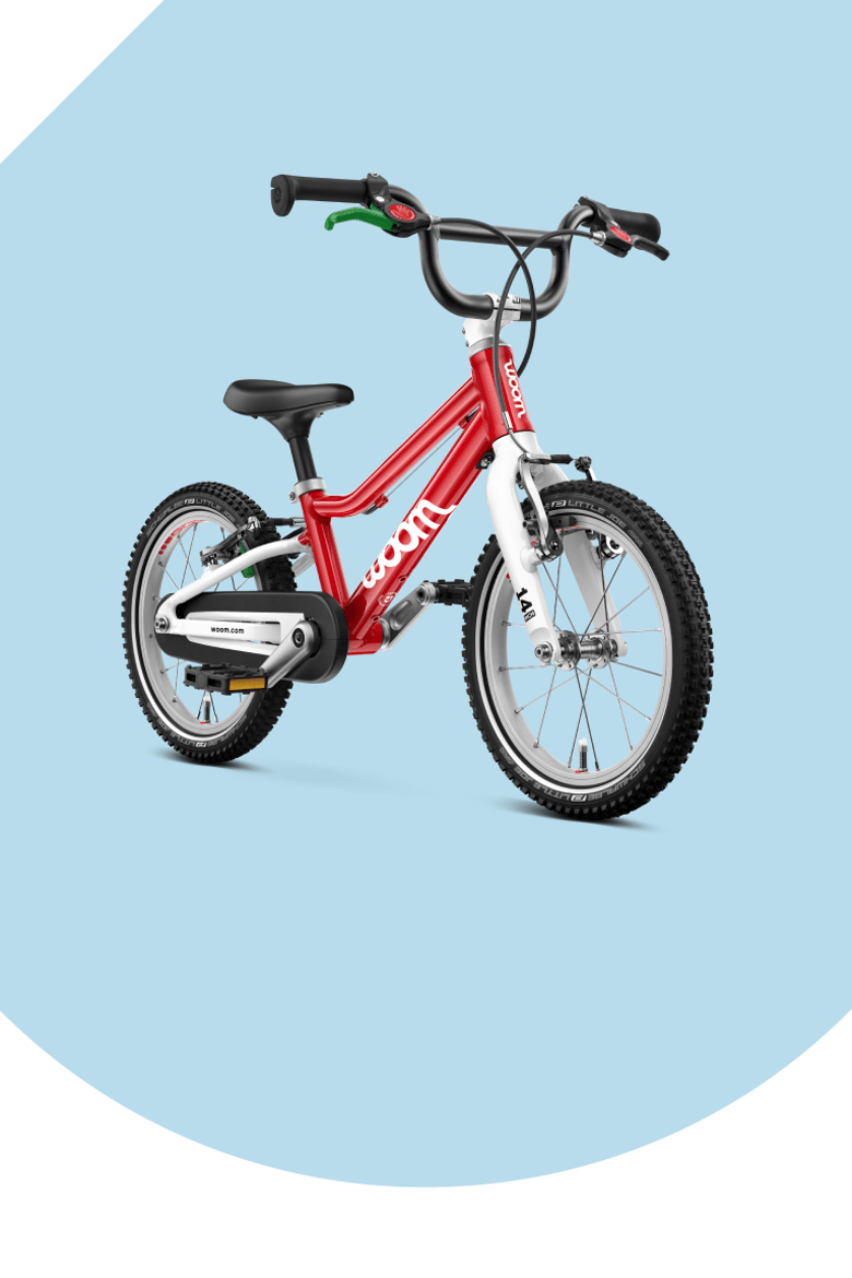 A turquoise woom GO 3 16" bike for kids aged between 4 to 6 years, viewed from the side