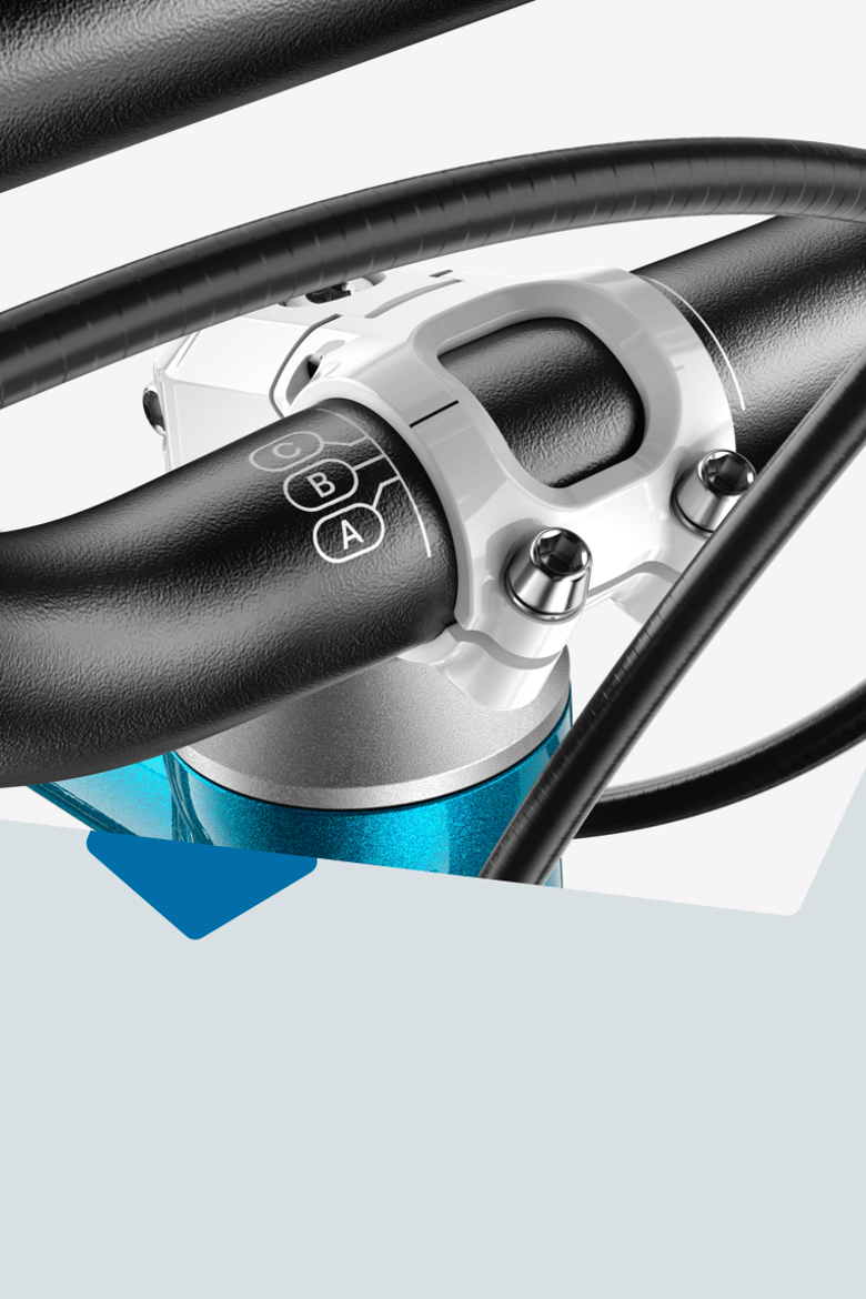 Detailansicht auf den woom GO Fahrradlenker samt Klemme mit ABC-Markierung zur optimalen Einstellung des Vorbaus an das Kind