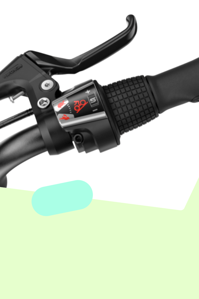 Detailansicht des Drehschaltgriffs am woom GO 4 mit Anzeige mit Hase für schneller, und Schildkröte für langsamer fahren.