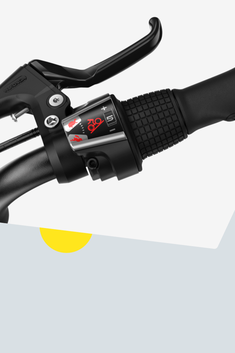 Detailansicht des Drehschaltgriffs am woom GO 4 mit Anzeige mit Hase für schneller, und Schildkröte für langsamer fahren.