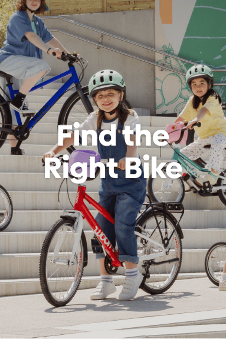 An image of several children posing and smiling on outdoor steps with various sizes and colors of GO, EXPLORE, and OFF bikes with the text “Find the Right Bike” overlaid.
