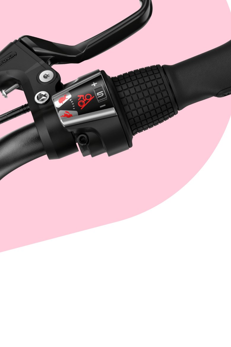 Close-up of the twist shifter on the woom GO 4, showing a hare for faster gears and a tortoise for slower gears