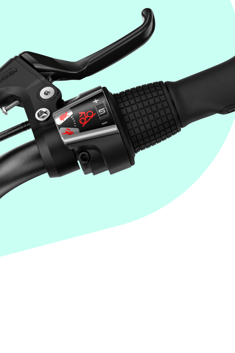 Close-up of the twist shifter on a woom GO 4, showing a hare for faster gears and a tortoise for slower gears