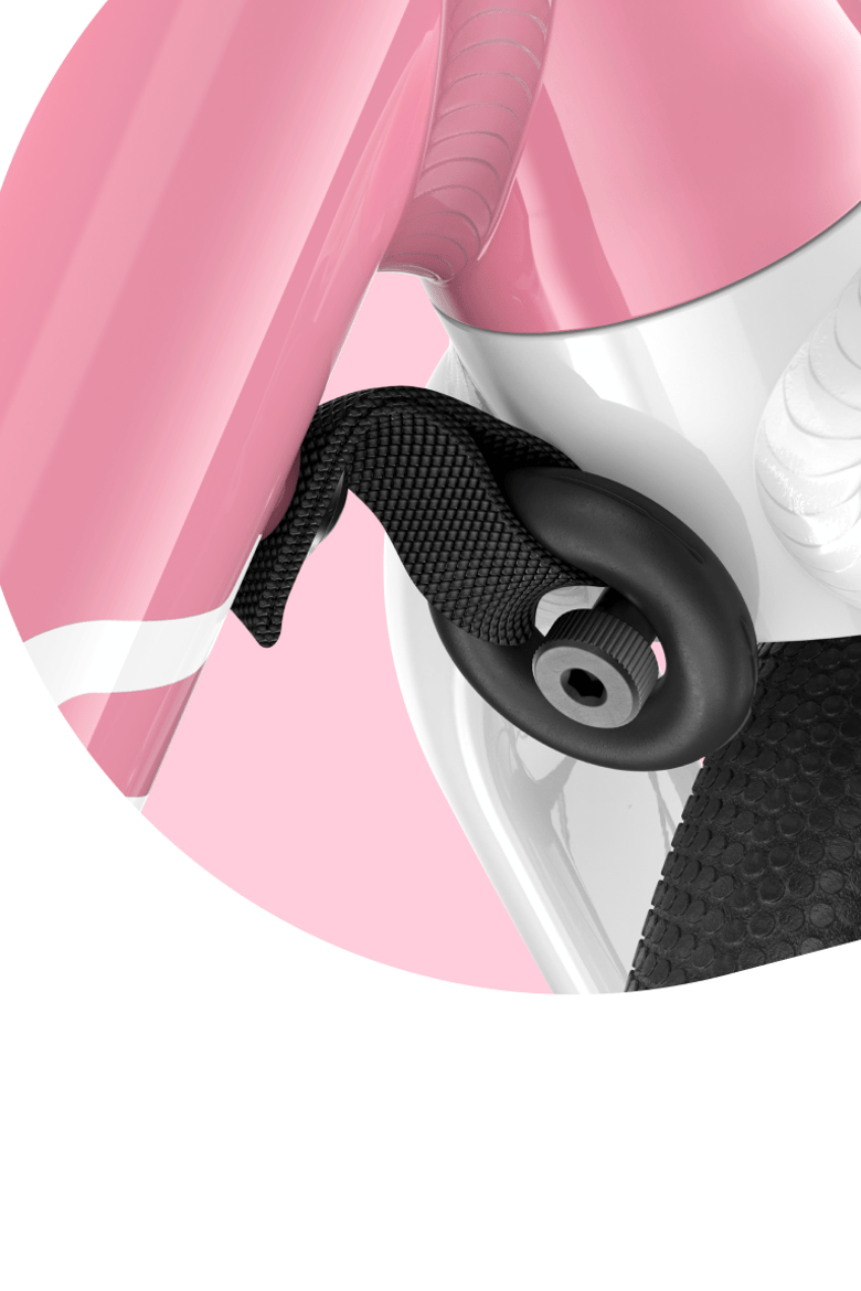 Close-up of the steering limiter on a powder pink woom GO bicycle