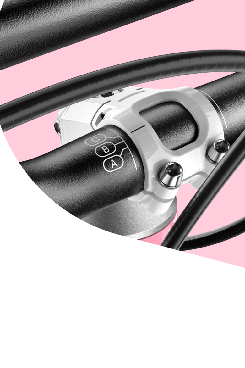 Close-up of the woom GO handlebars with a clamp and ABC markings that help achieve the optimal bike setup for the rider