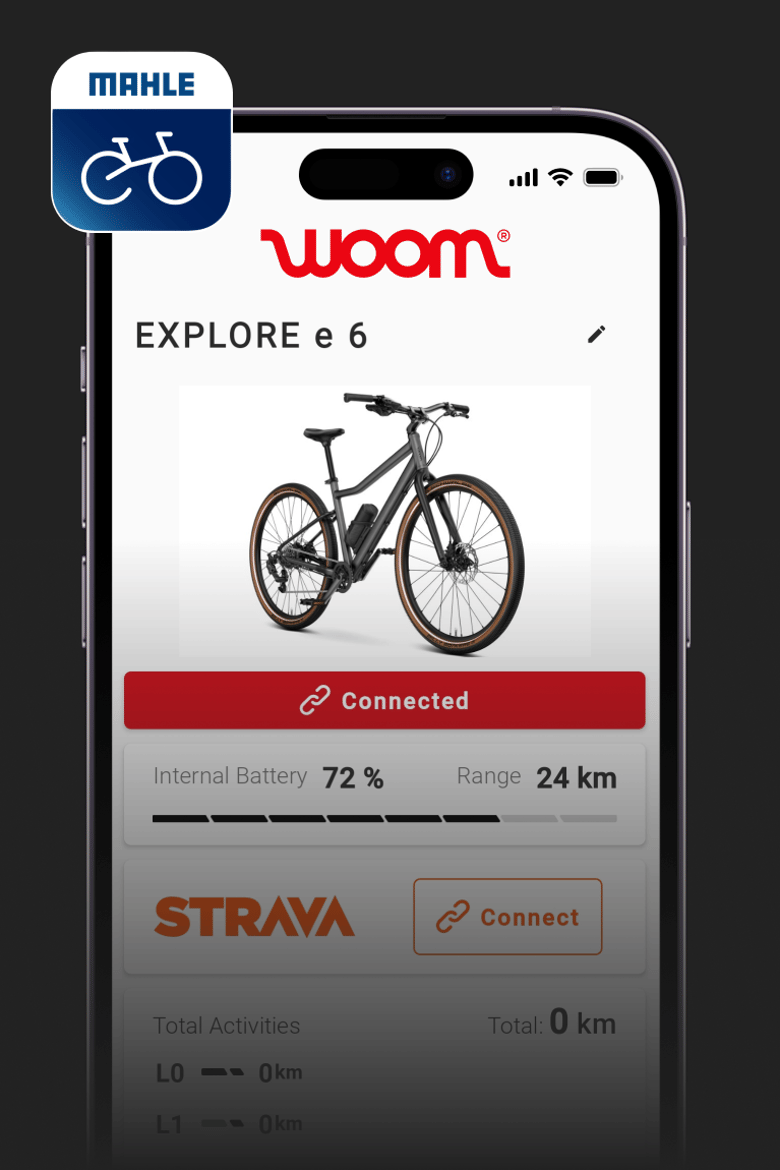 Smartphone mit der MAHLE SmartBike App für das woom EXPLORE e Kinder-E-Bike.