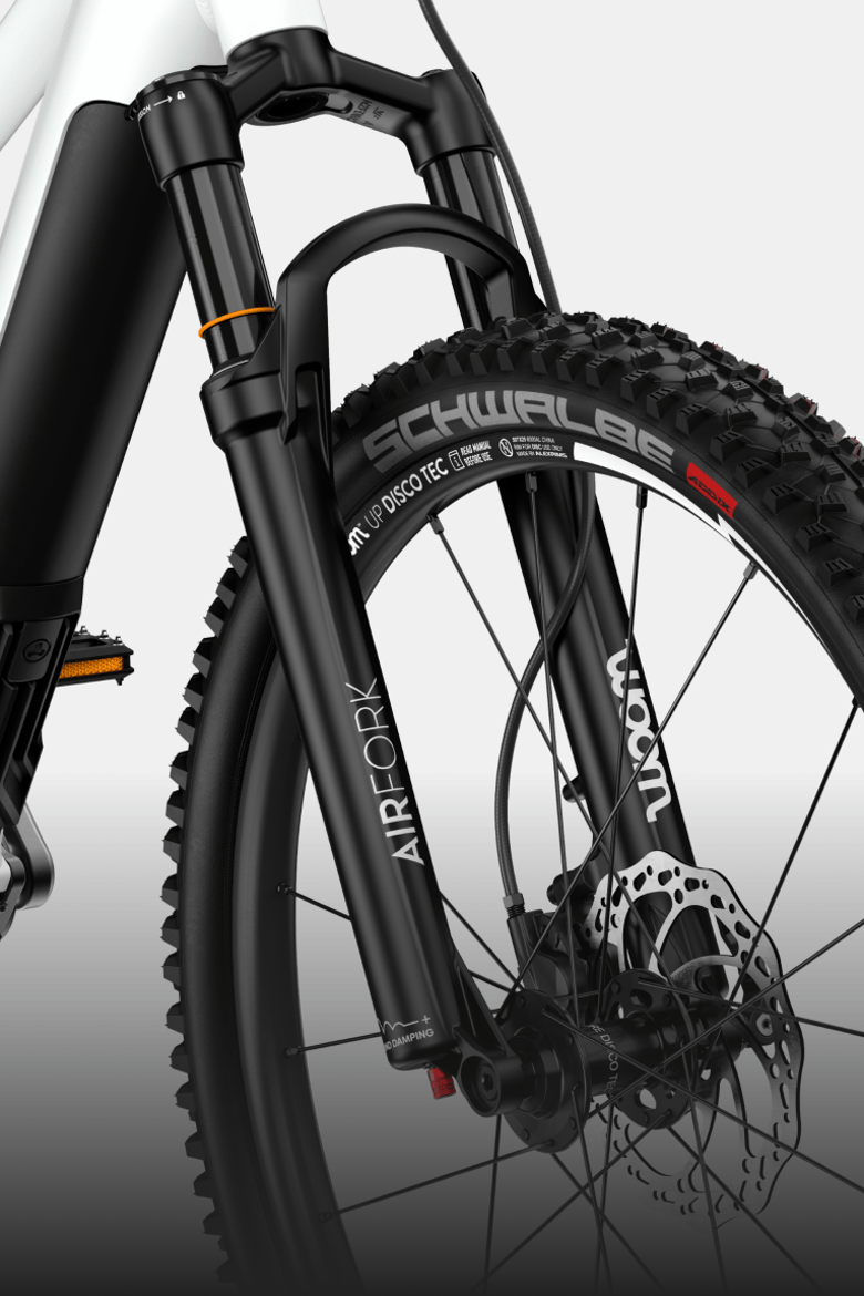 Close-up of the Schwalbe tire with aggressive tread on the woom UP DISCO TEC rim of the cirrus cloud.