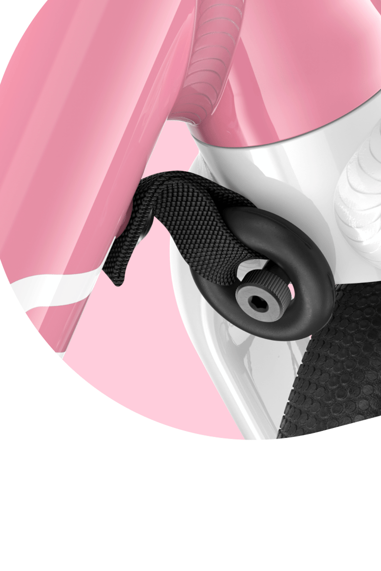 Zoom sur le limiteur d’angle de braquage sur un vélo woom GO en powder pink