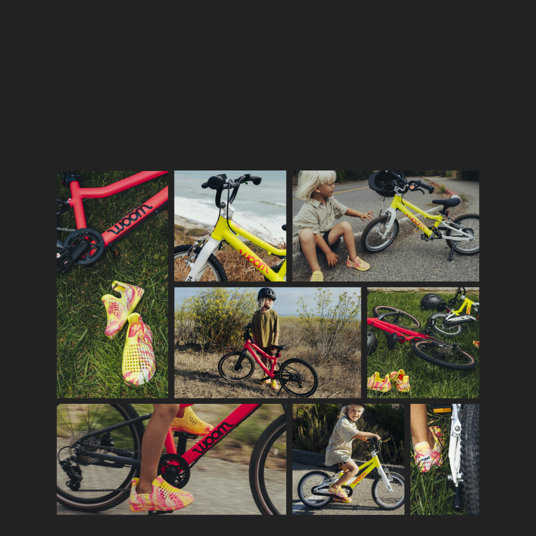 A collage of multiple photos of the collaboration between woom and Lusso Cloud shoes, featuring the new neon lime GO and neon pink EXPLORE bikes as well as neon swirl Lusso Cloud shoes.