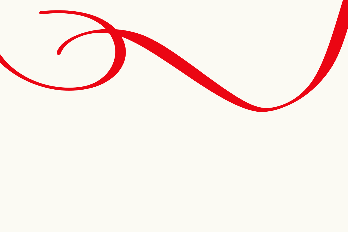 Decorative graphic of abstract, flowing red ribbon or calligraphic brushstrokes.