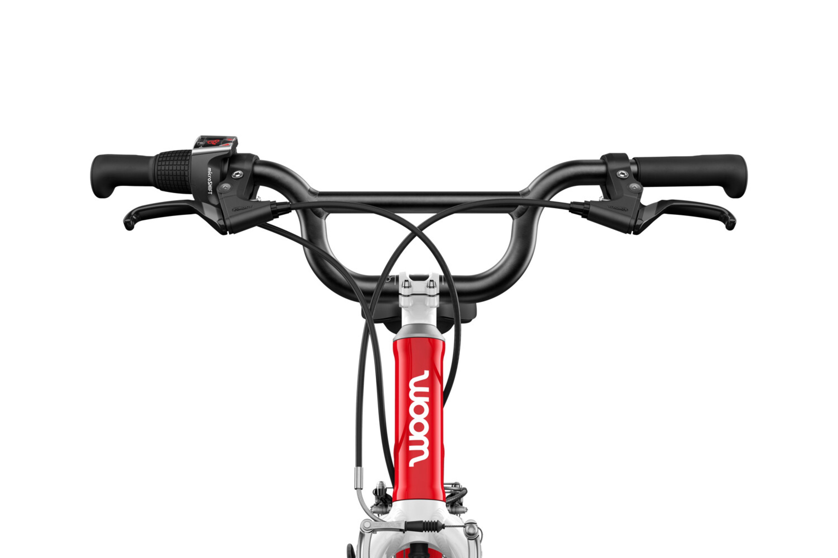 Detailaanzicht van de voorbouw, het stuur en de handgrepen van de woom GO 4-kinderfiets