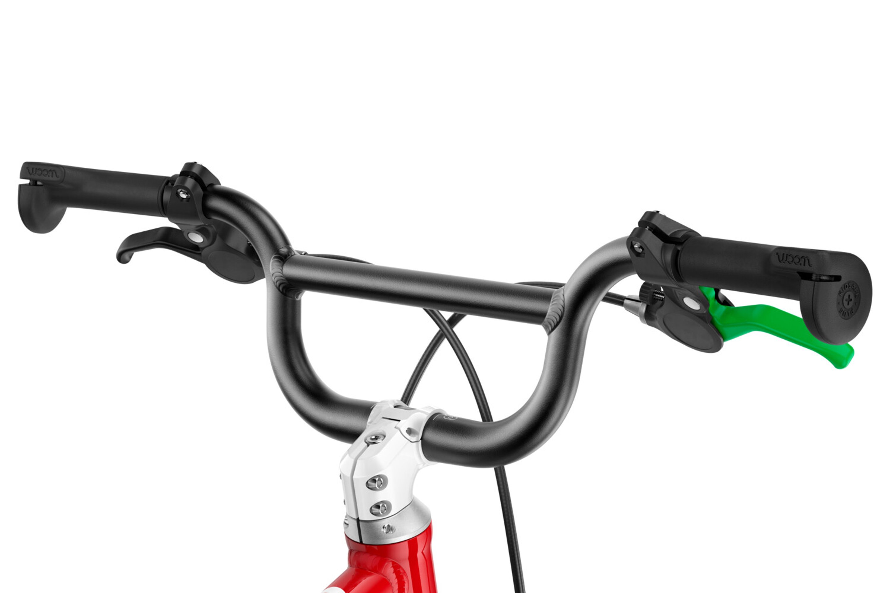 Detailaanzicht van de voorbouw, het BMX-stuur en de handgrepen van de woom GO 3-kinderfiets