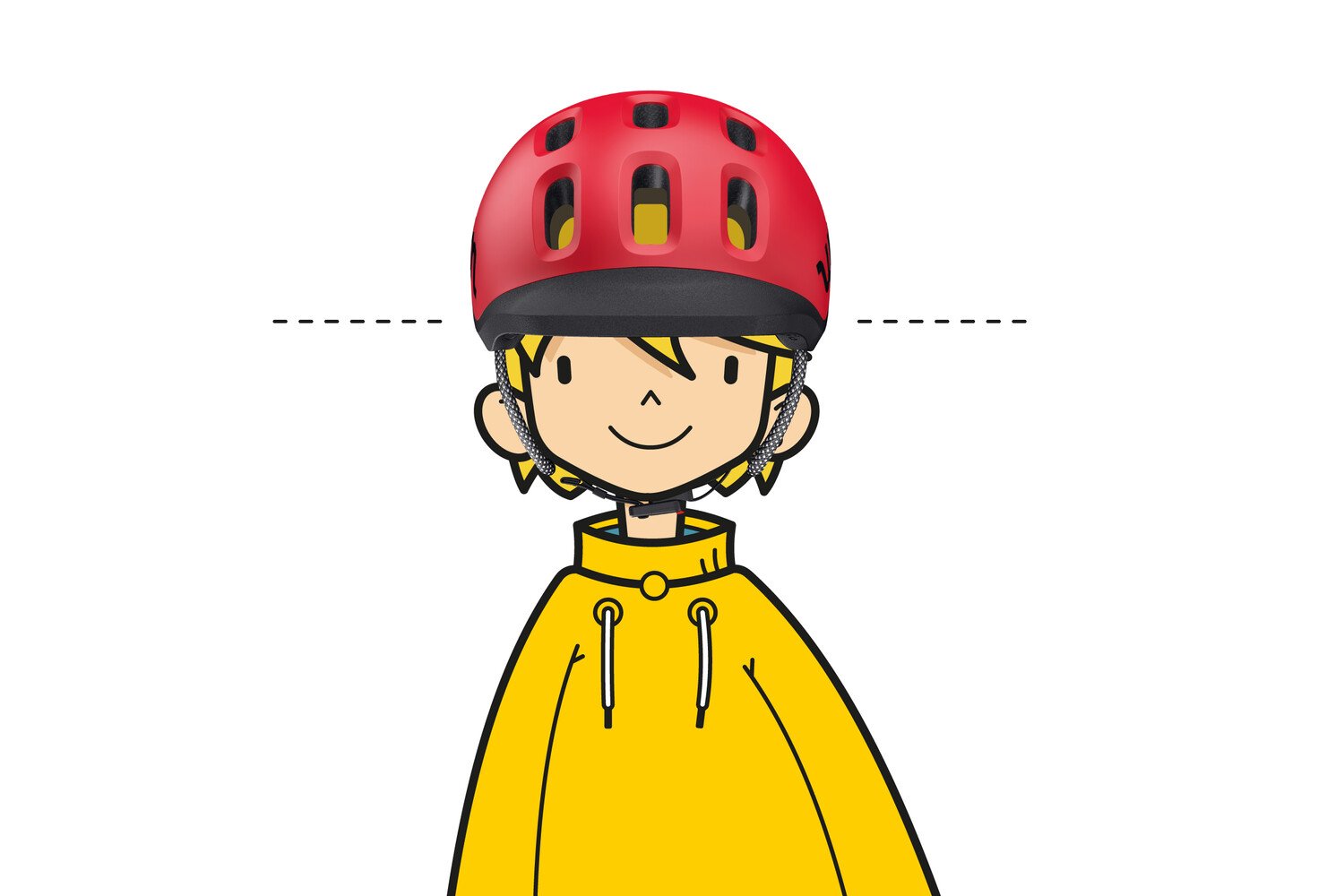 Zeichnung eines Kindes mit rotem READY Helm auf dem Kopf, eine waagrechte, gestrichelte Linie zeigt den korrekten Sitz an