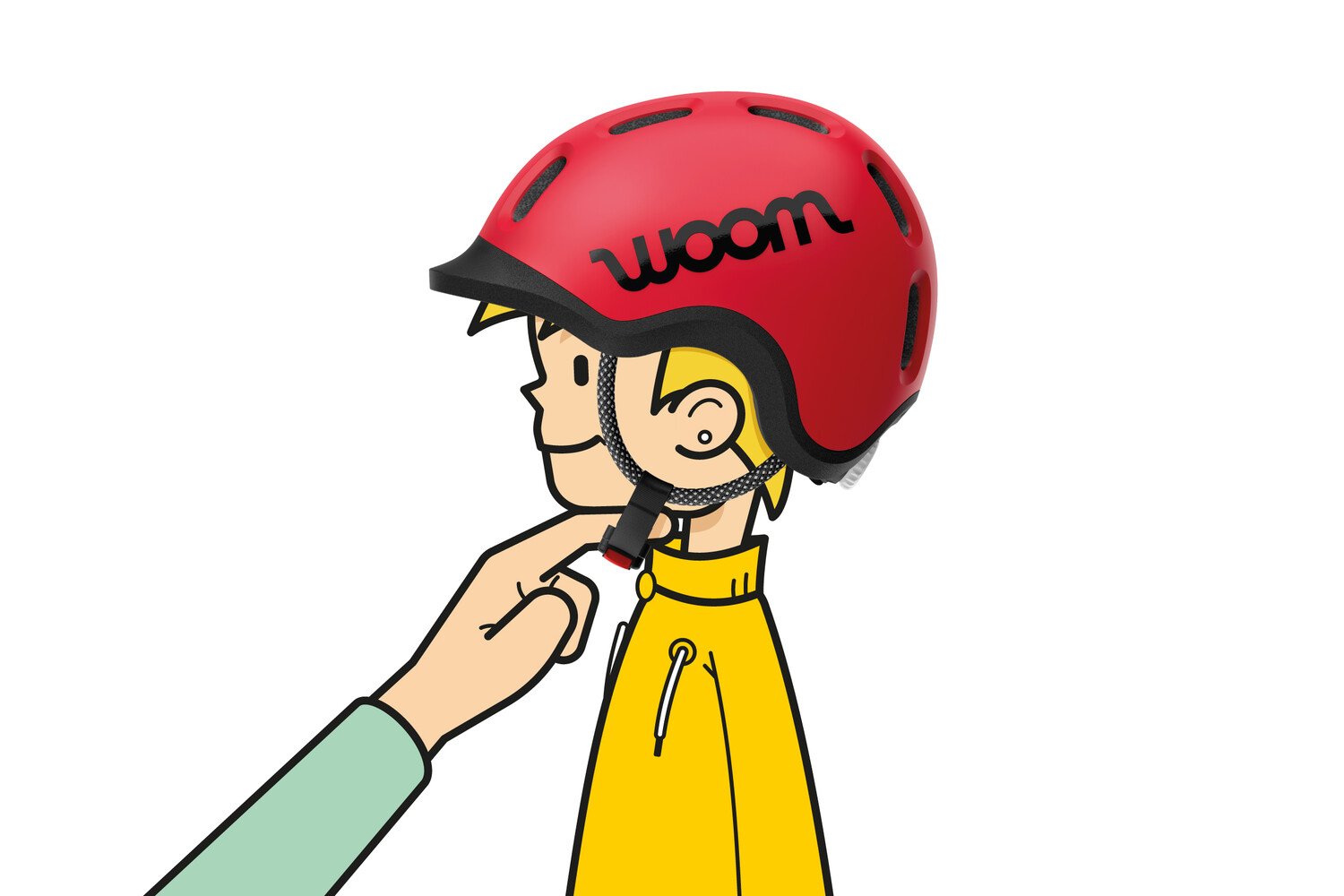 Zeichnung eines Kindes von der Seite mit Helm von woom auf dem Kopf, ein Finger passt sich zwischen Helmriemen und Kinn