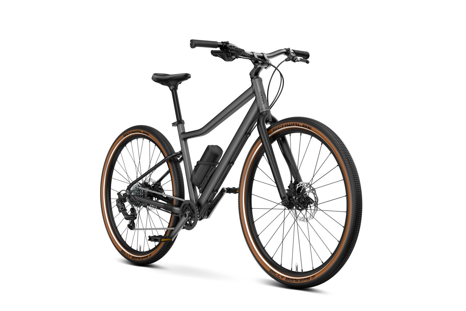 Seitliche Frontansicht des grauen woom EXPLORE e.