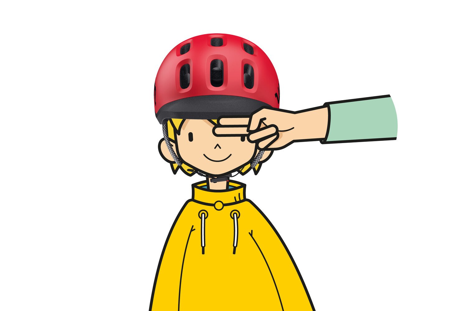 Zeichnung eines Kindes mit READY Helm auf dem Kopf, zwei Finger zeigen den Abstand zwischen Helm und Augenbrauen.