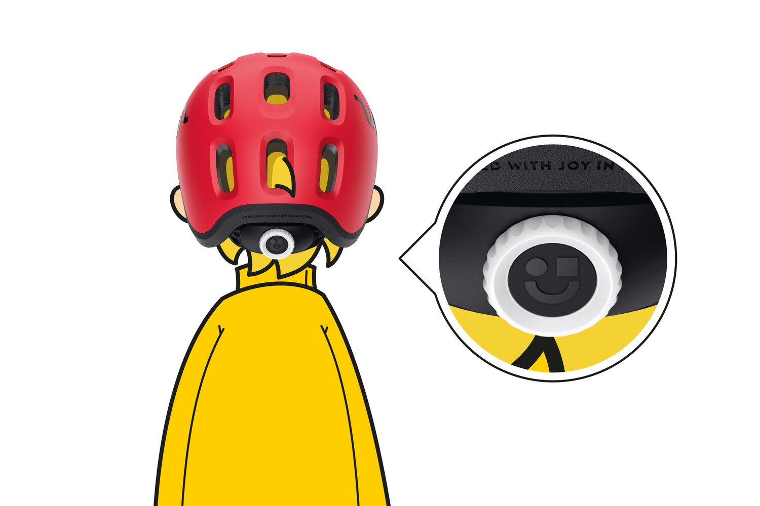 Rückansicht eines gezeichneten Kindes mit READY Radhelm von woom auf dem Kopf, daneben ein Zoom auf das Größendrehrad