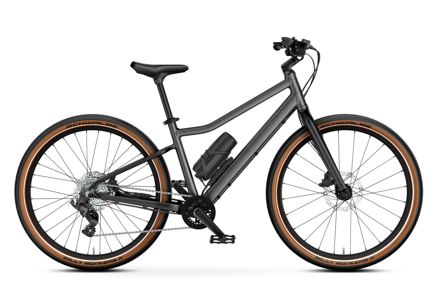 Seitenansicht des woom EXPLORE e 5 in Grau.