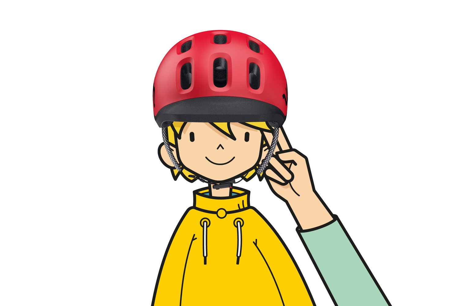 Zeichnung eines Kindes mit rotem Helm von woom auf dem Kopf, zwei Finger greifen in den Raum zwischen Kopf und Helmschale