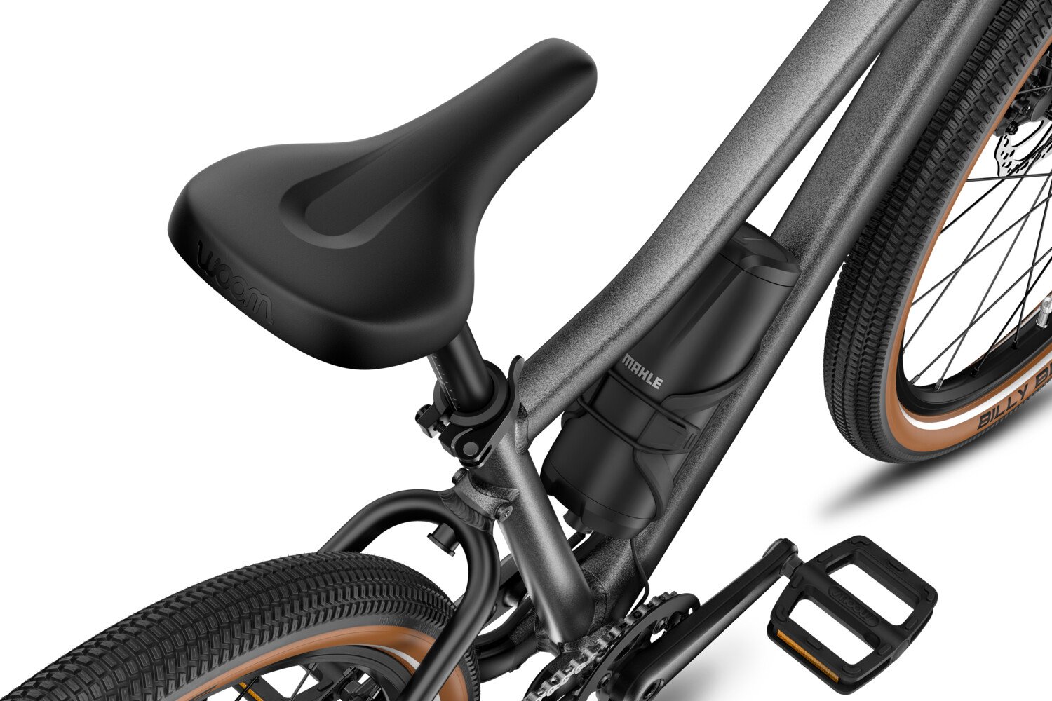 Detailansicht des schwarzen Sattels am woom EXPLORE e 6.