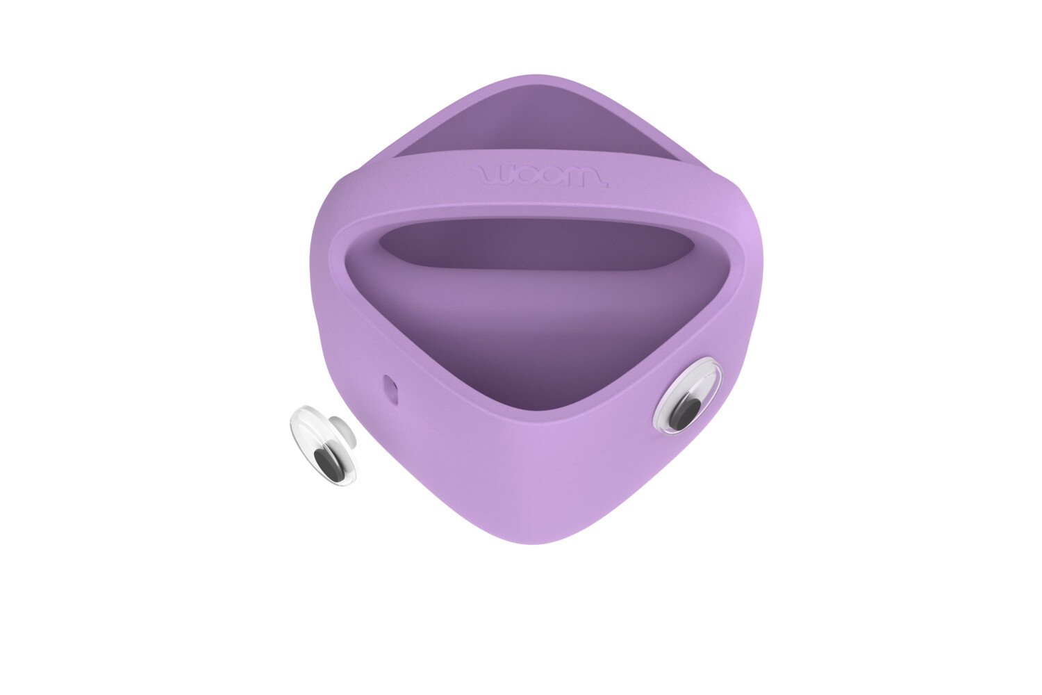 Violetter woom Fahrradkorb fürs Kinderrad auf dem Wackelaugen zum Anstecken als Zubehör angebracht sind.