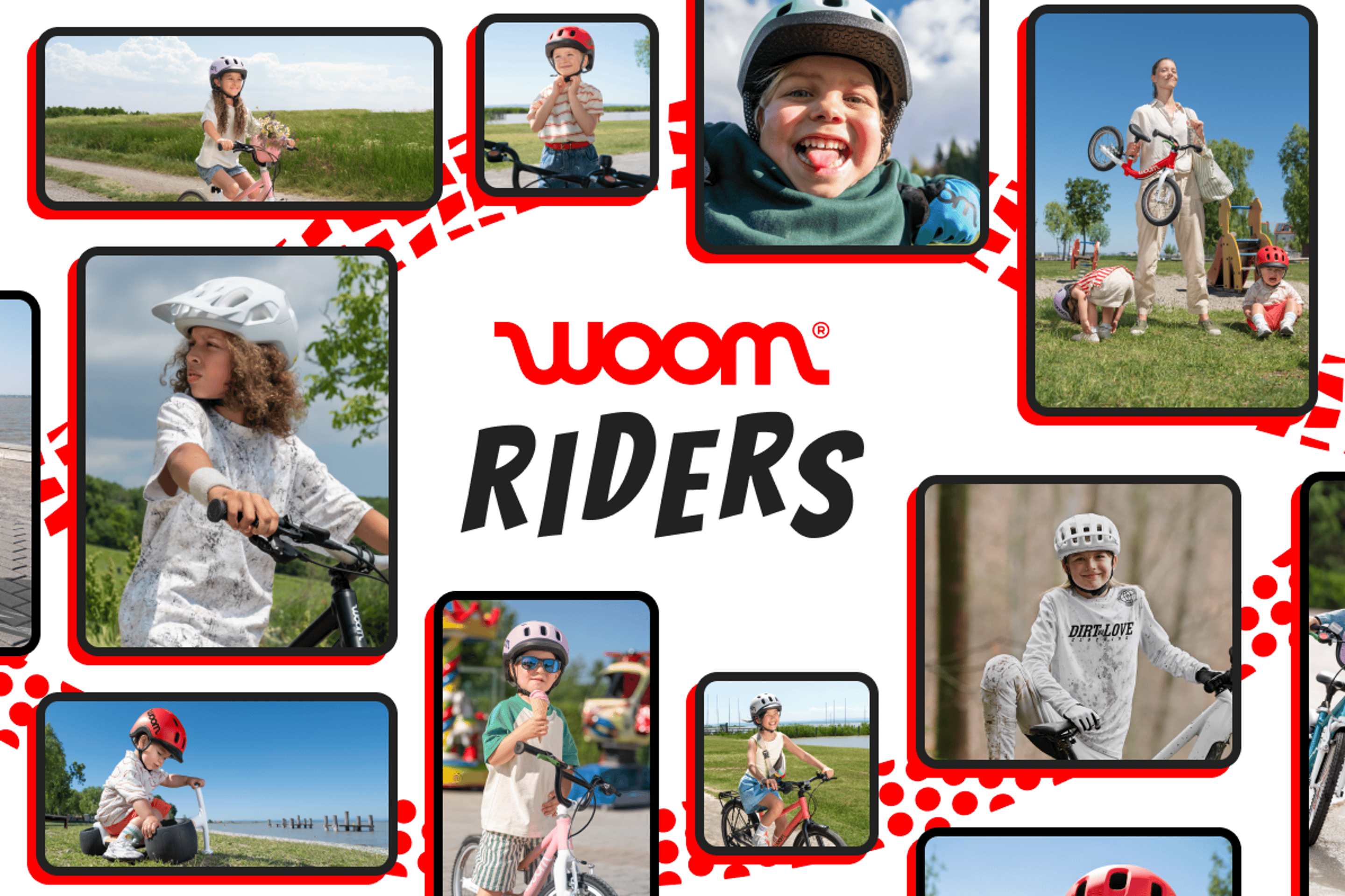 Collage von glücklichen Kindern auf woom Bicycles mit Helmen rund um das "woom RIDERS"-Logo.