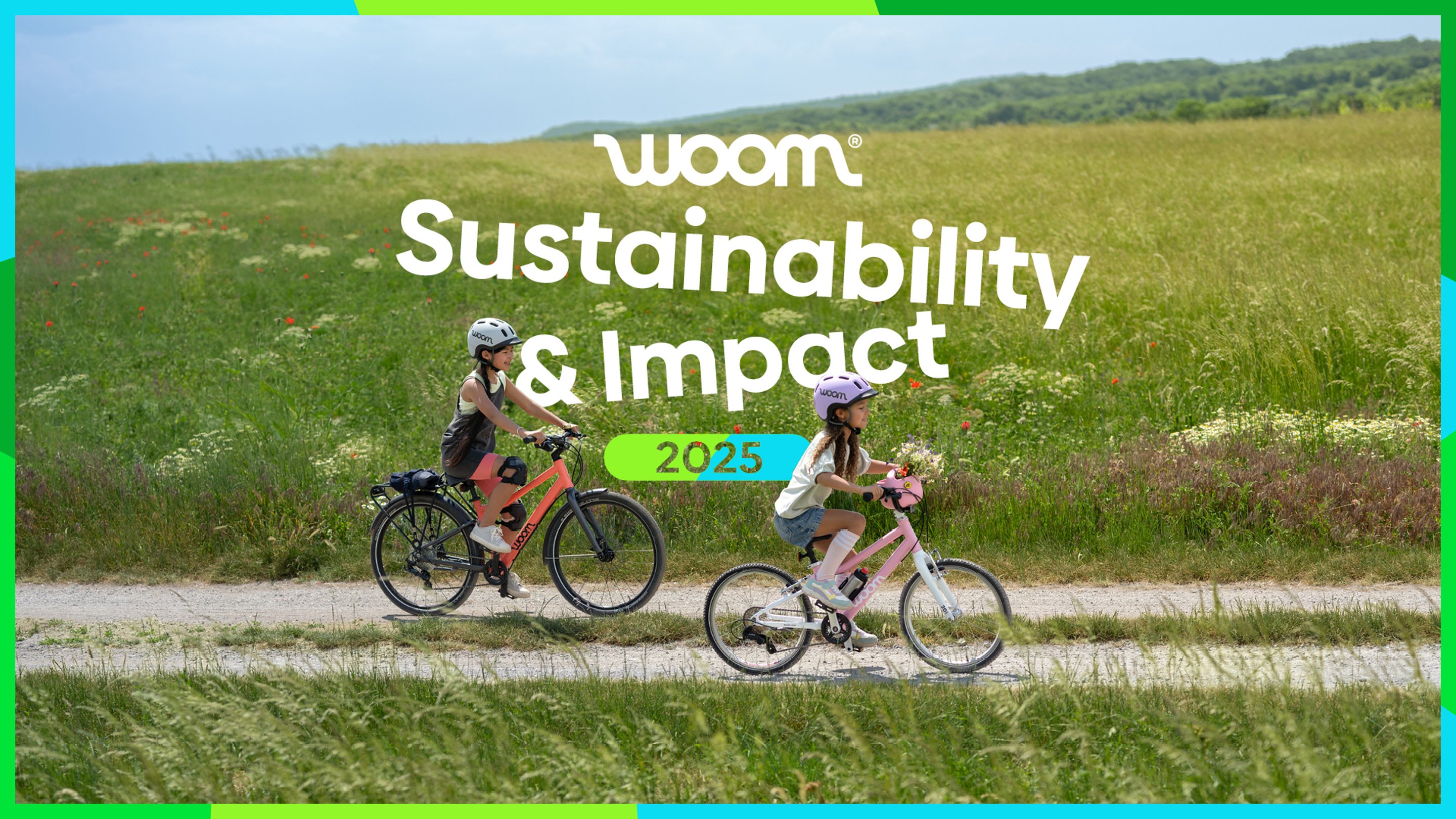 Two kids riding woom bikes in a field with text "woom Sustainability & Impact 2025".