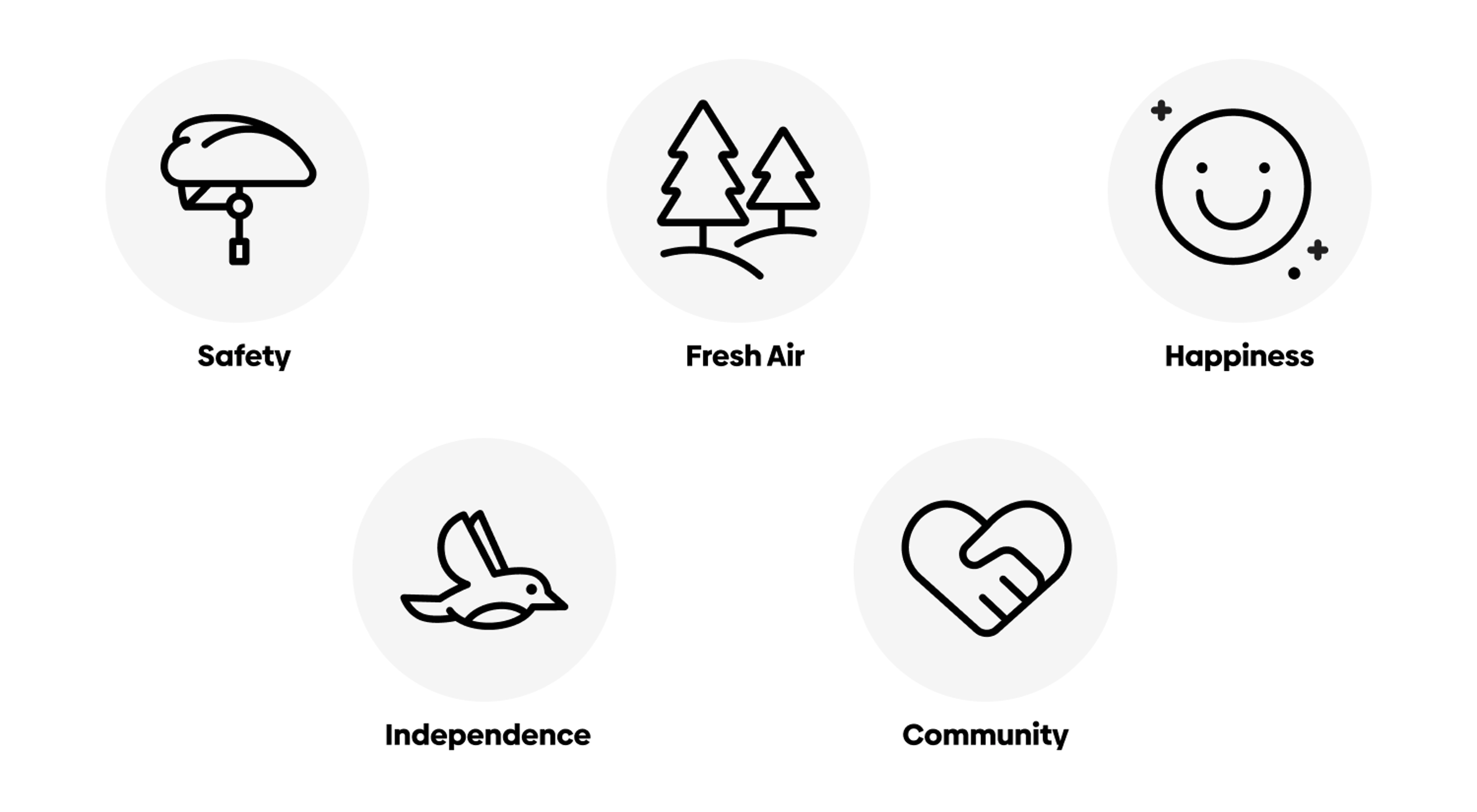 Icons depicting the following: a helmet for safety, pine trees for fresh air, a smiley face for happiness, a bird in flight for independence, and a heart formed by clasped hands for community.