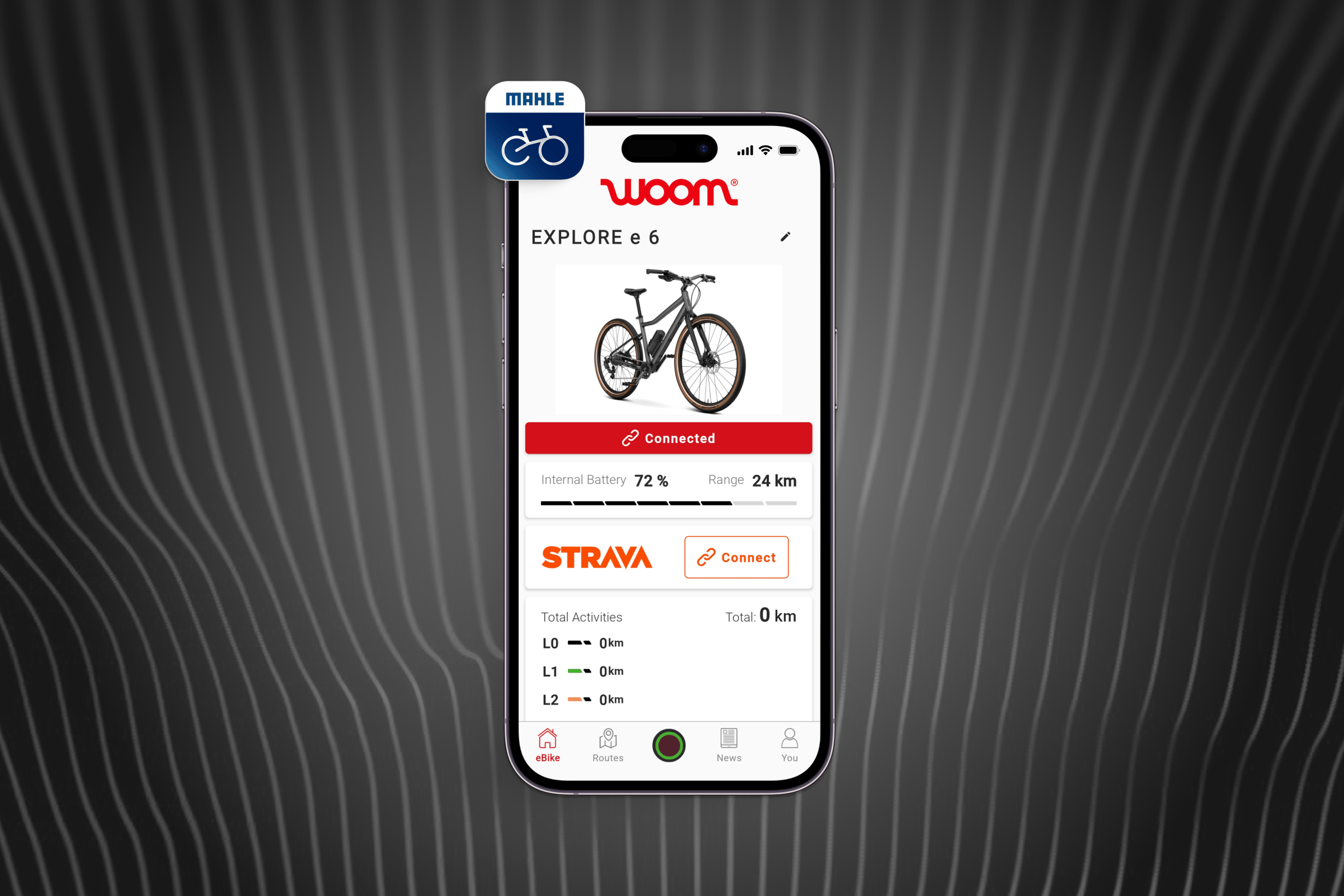 Smartphone showing the MAHLE SmartBike app for the woom EXPLORE e e-bike for kids.