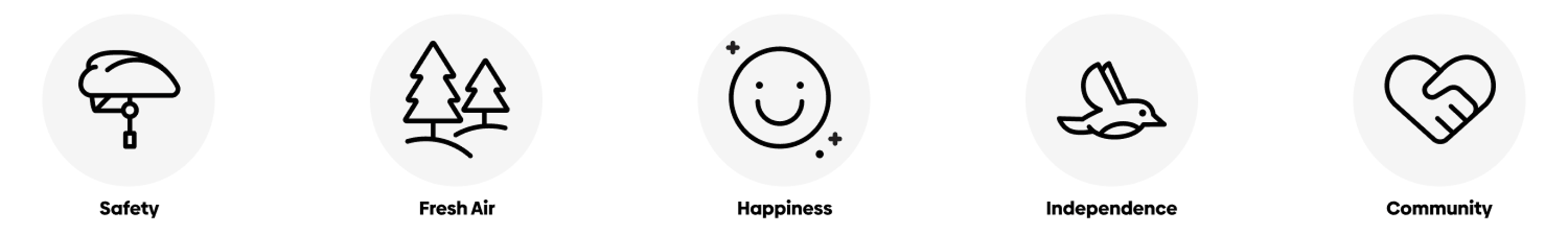 Icons depicting the following: a helmet for safety, pine trees for fresh air, a smiley face for happiness, a bird in flight for independence, and a heart formed by clasped hands for community.