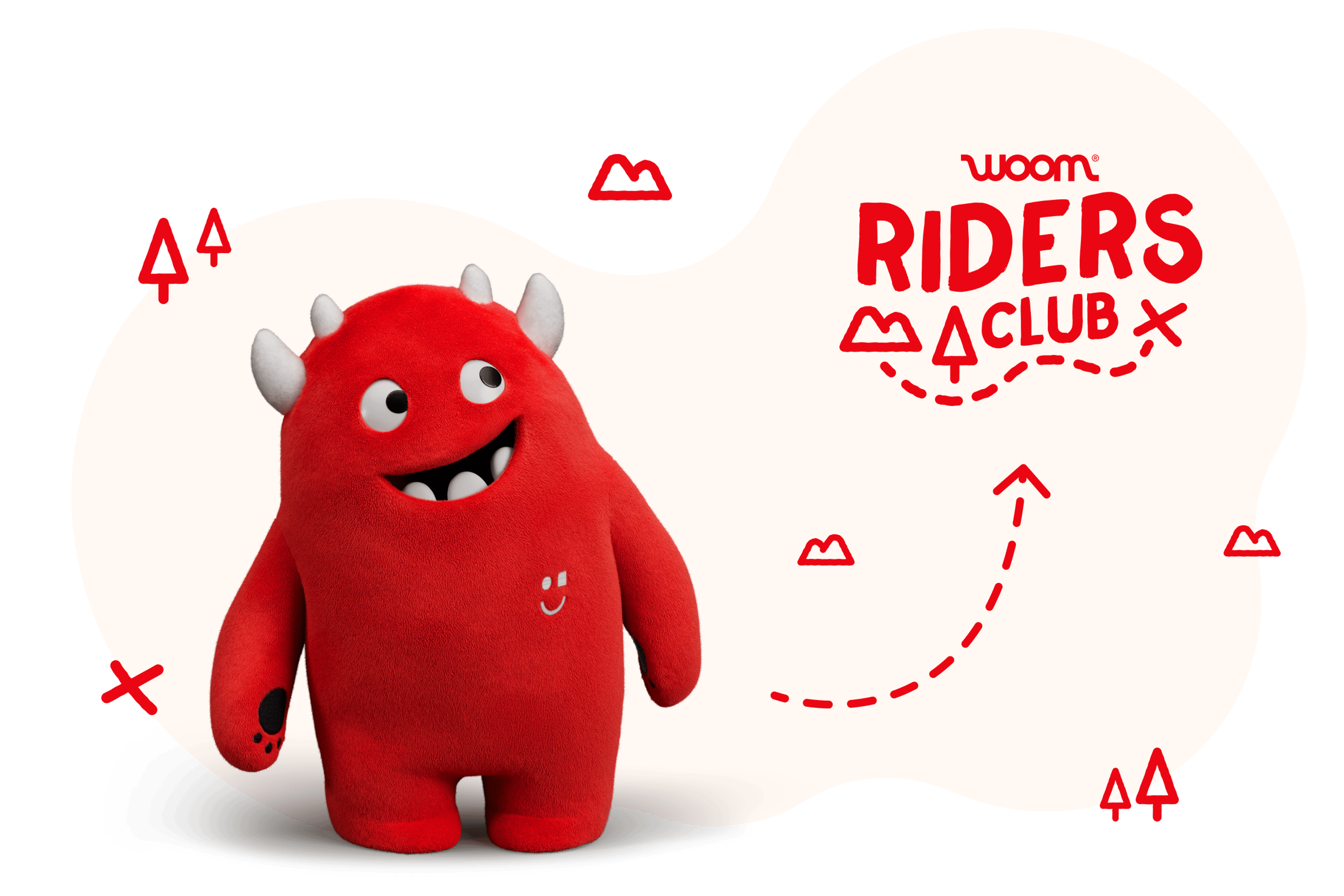 Illustration des Buddy-Plüschtiers vor einem hell orangefarbenen Hintergrund. Der Schriftzug “woom Riders Club” ist zu sehen. Umrahmt wird das Ganze von illustrierten Pfeilen, Bäumen, Bergen und Kreuzen. Ein gestrichelter Pfeil zeigt vom Plüschtier zum Schriftzug.