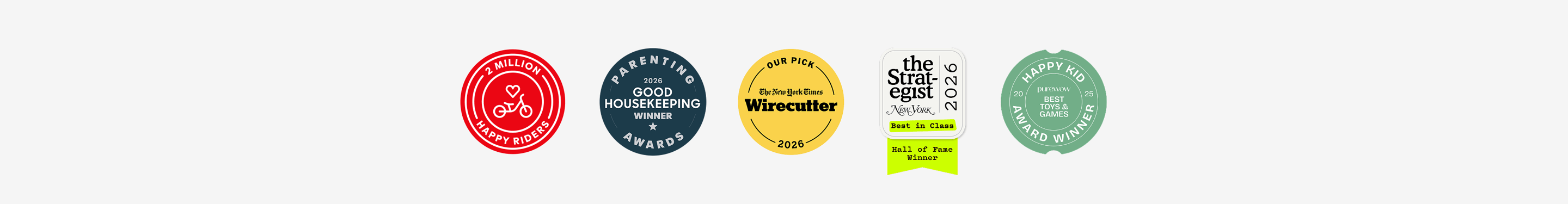 “Two Million Happy Riders” badge, Good Housekeeping “Parenting Awards Winner 2026” badge, NYT “Wirecutter” Award, New York Magazine “The Strategist Hall of Fame Winner 2026” badge, and PureWow “Happy Kid Award Winner” 