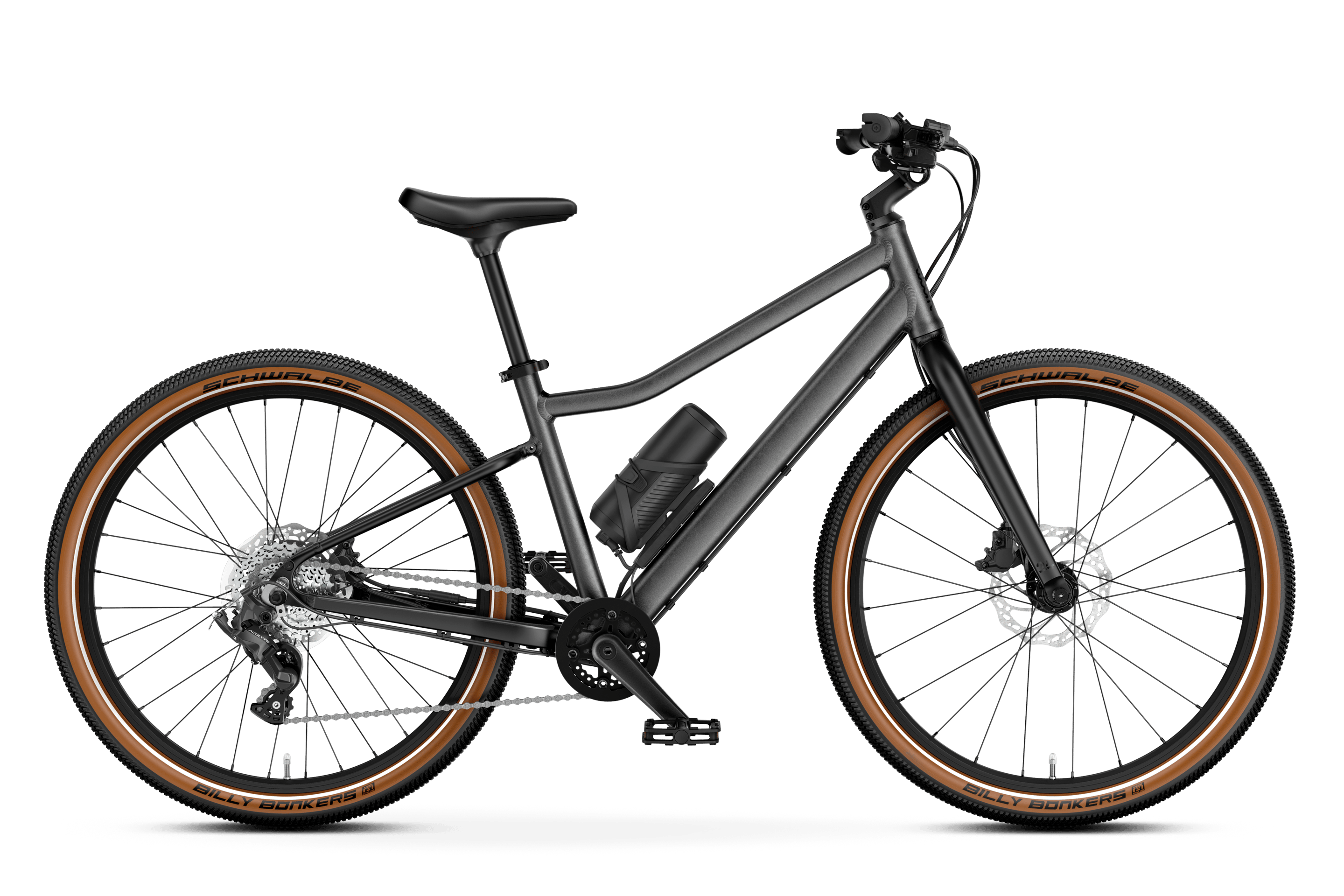 Sivunäkymä harmaasta woom EXPLORE e 5 -sähköpyörästä.