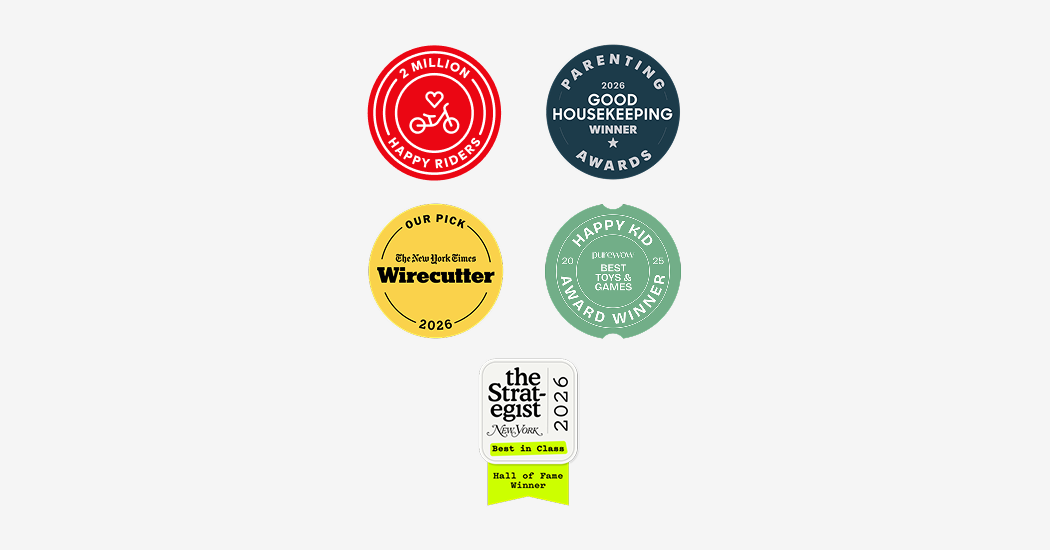 “Two Million Happy Riders” badge, Good Housekeeping “Parenting Awards Winner 2026” badge, NYT “Wirecutter” Award, New York Magazine “The Strategist Hall of Fame Winner 2026” badge, and PureWow “Happy Kid Award Winner” 
