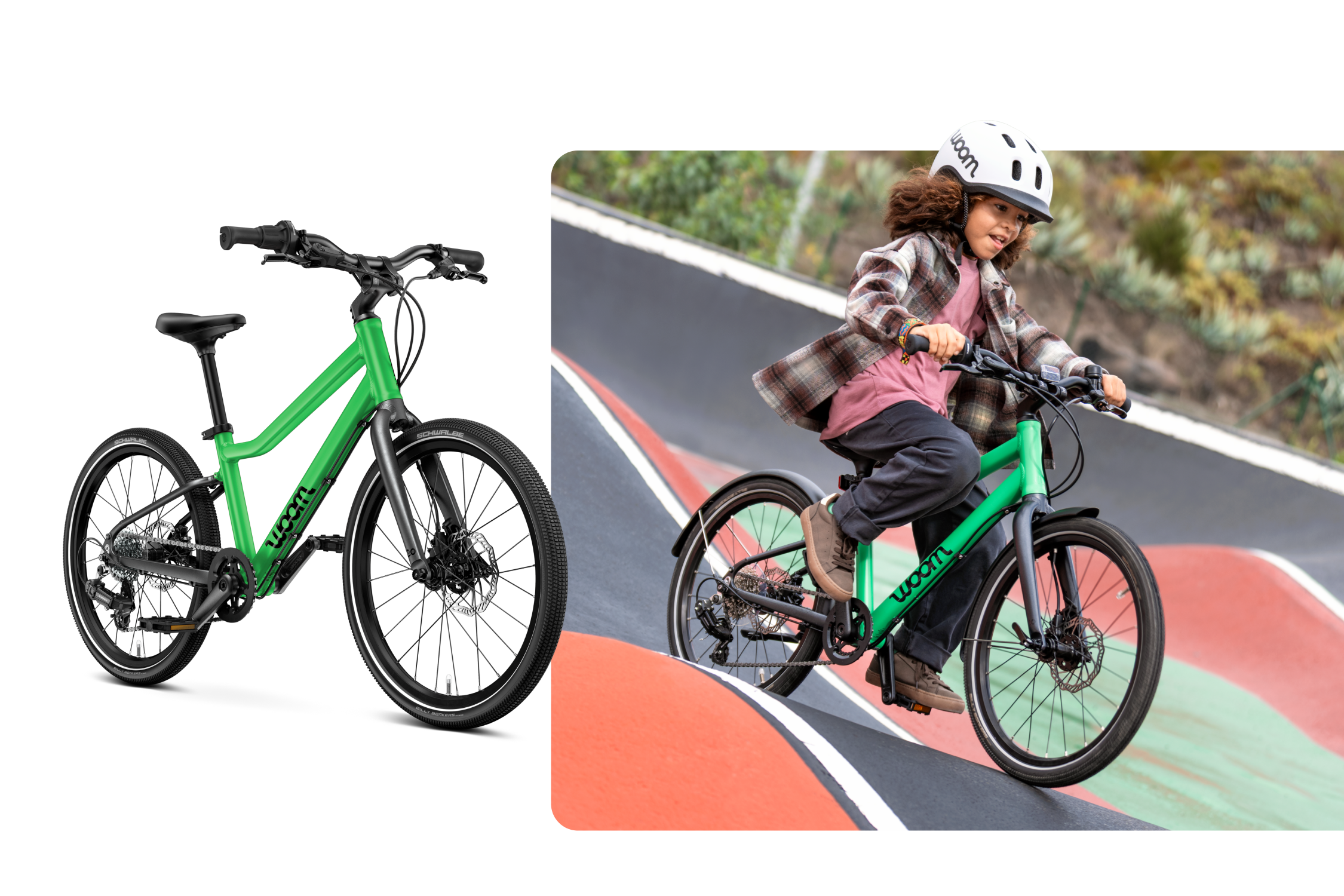 A child wearing a READY Helmet riding a Jungle Green EXPLORE Bike
