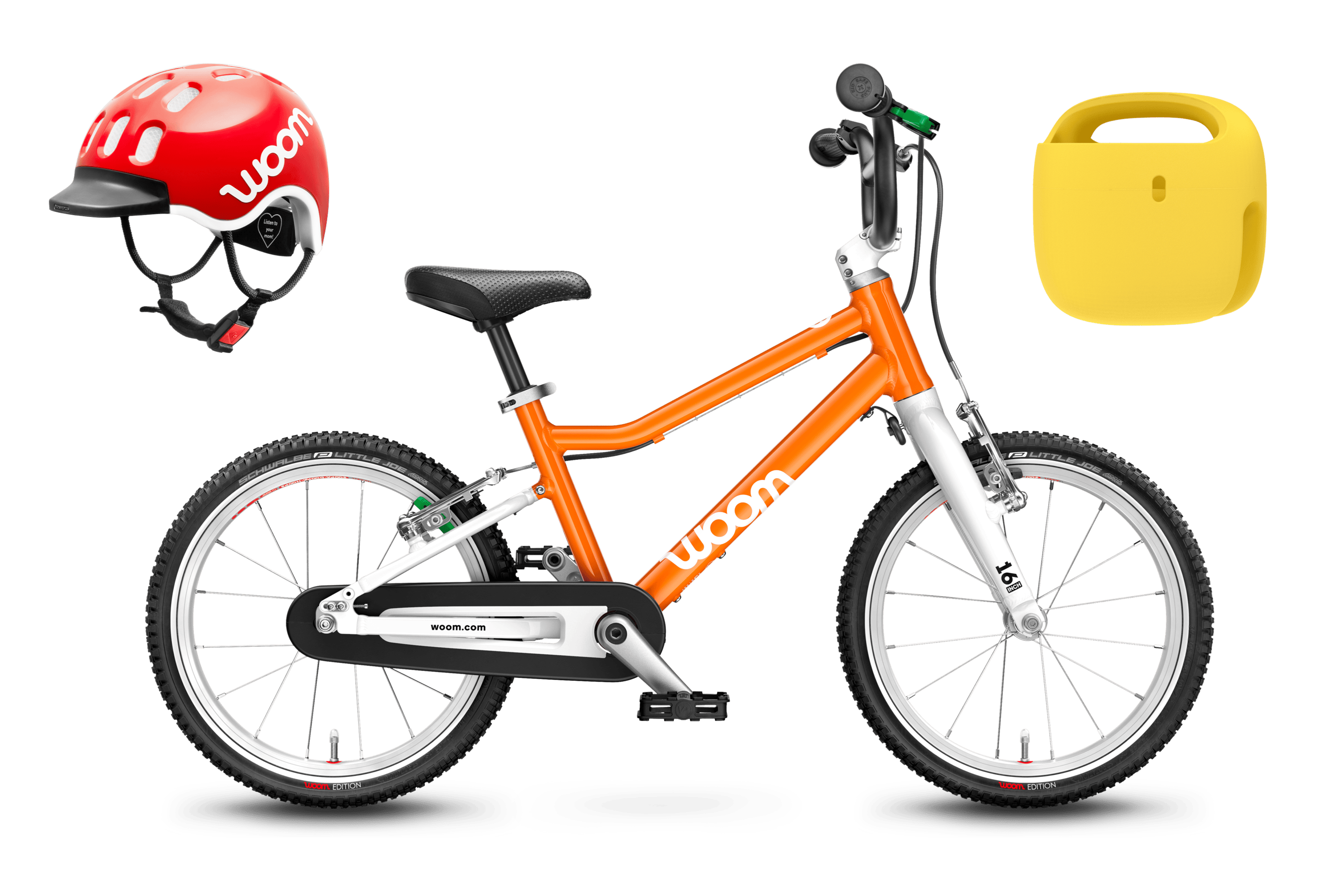 Bild-Collage mit rotem Kinderfahrradhelm, orangefarbenem woom Kinderfahrrad und gelbem Fahrradkorb fürs Kinderrad