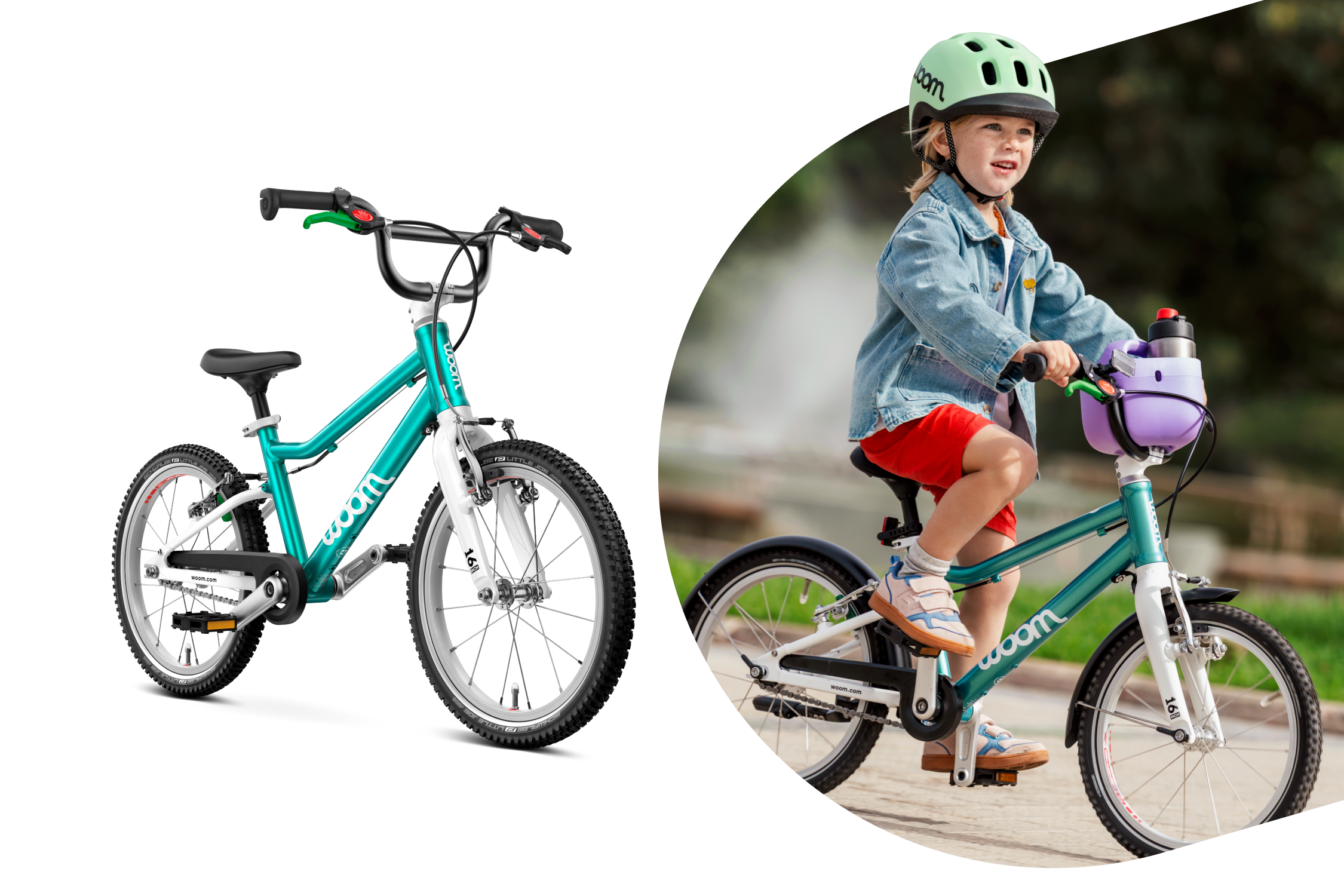 Young Child wearing a READY Helmet and riding a metallic turquoise woom GO bike