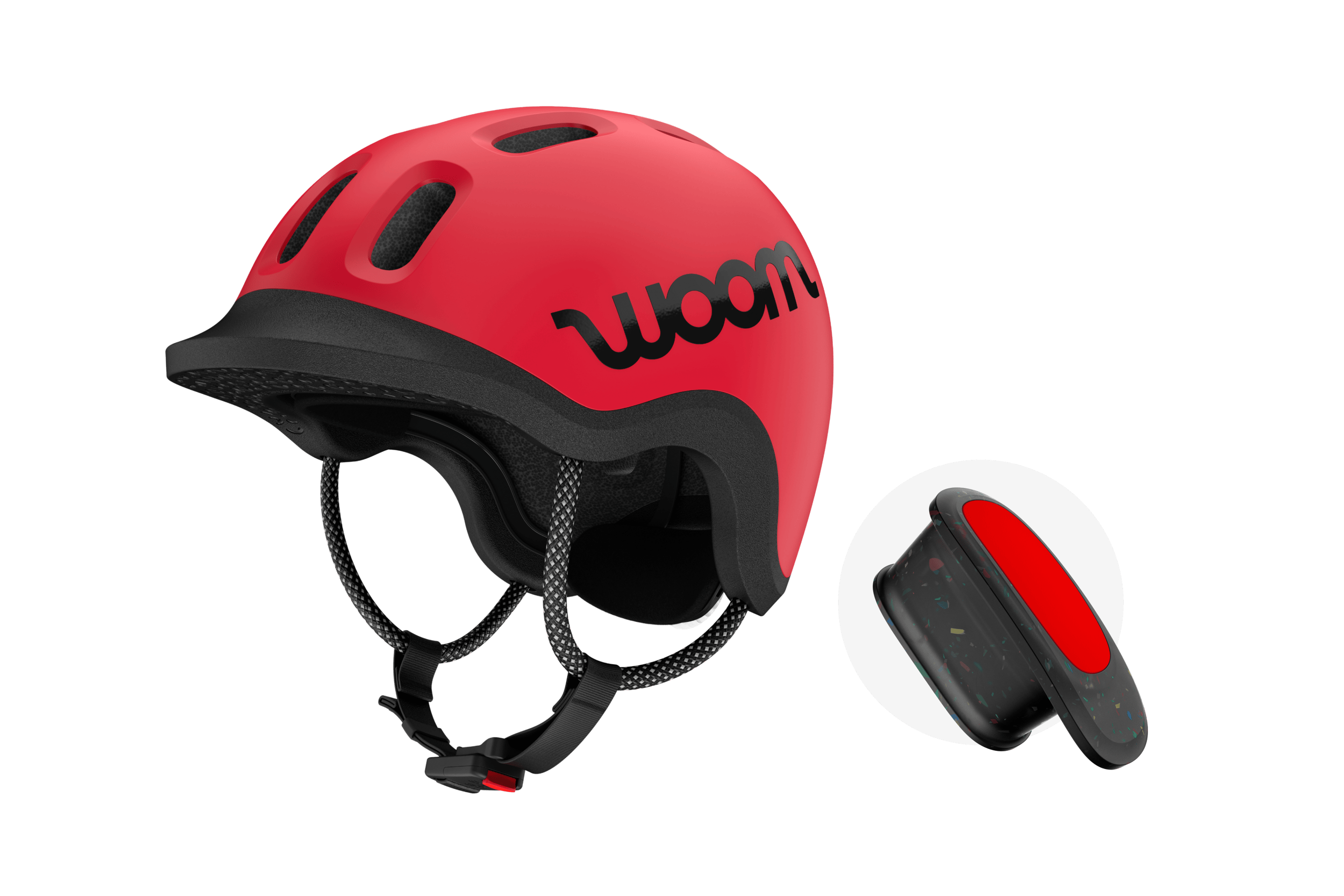 Vue de trois quarts du casque enfant READY de woom et de la lampe READY compatible avec le casque