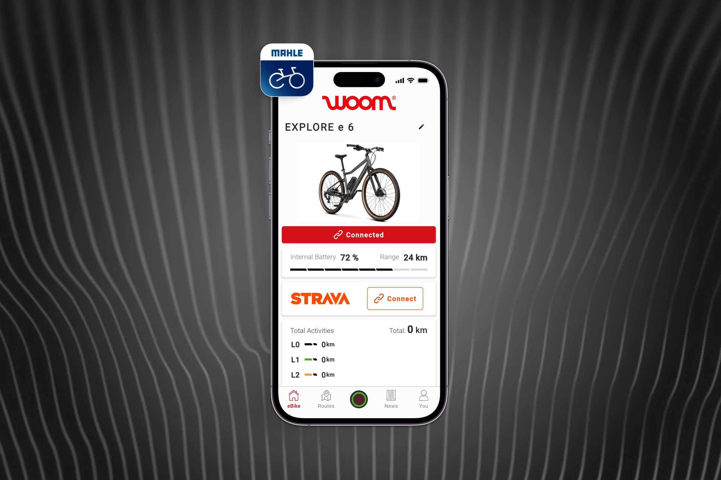 Smartphone med MAHLE SmartBike App til woom EXPLORE e børne-elcyklen.