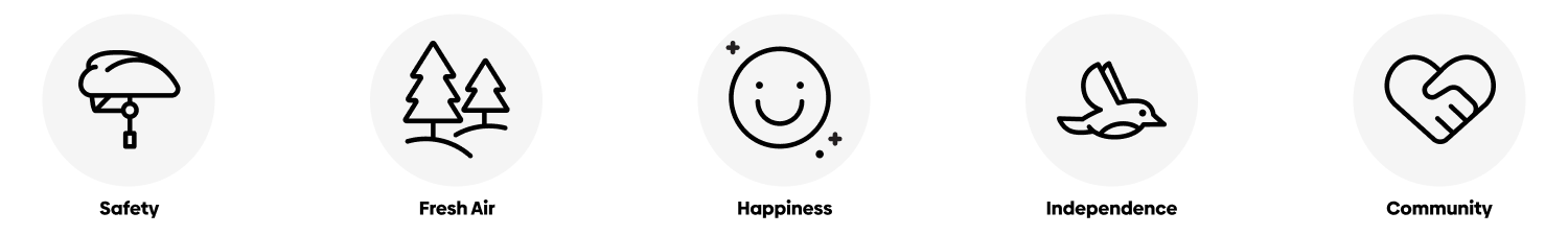 Icons depicting the following: a helmet for safety, pine trees for fresh air, a smiley face for happiness, a bird in flight for independence, and a heart formed by clasped hands for community.