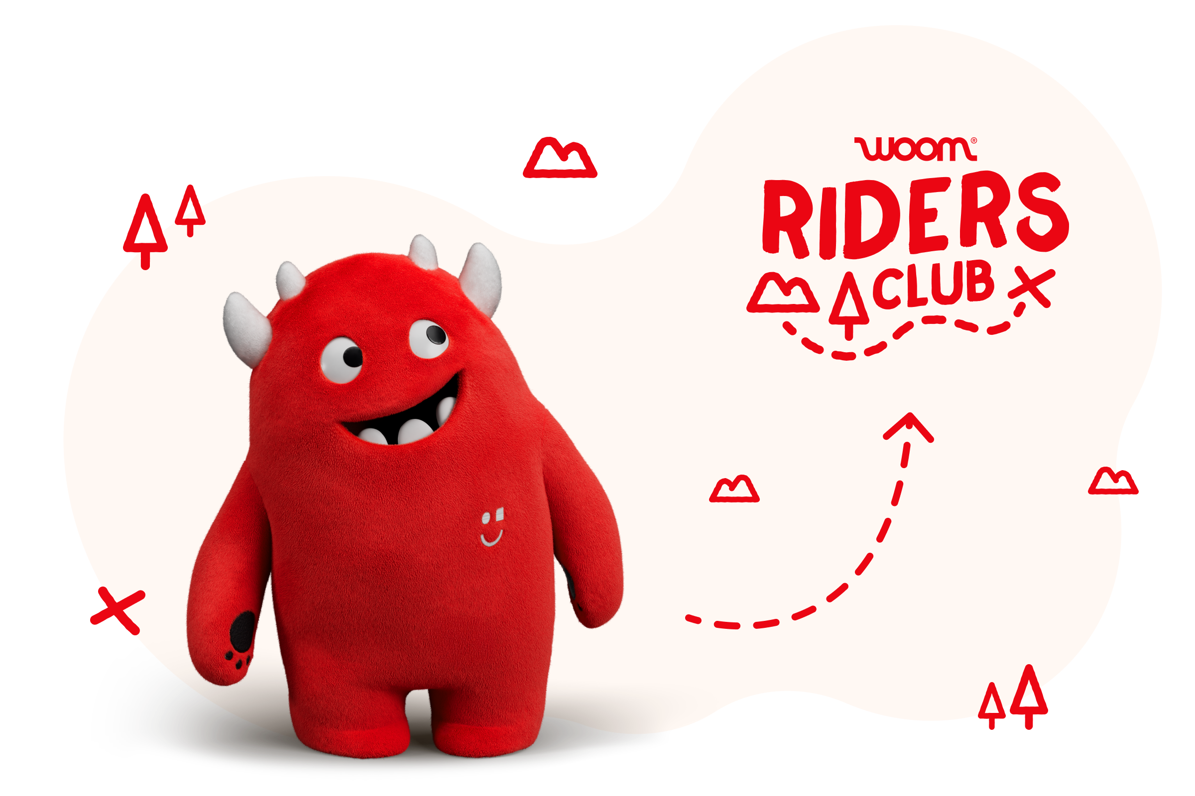 Illustration of the Buddy soft toy on an orange background with the text "woom Riders Club" and arrows, trees, mountains and symbols around it.