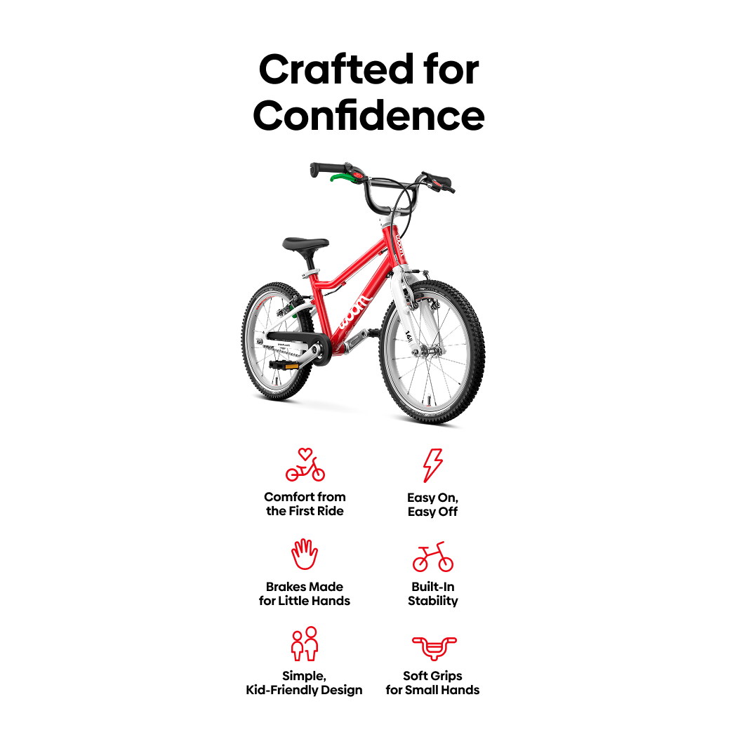 An image featuring a red woom GO 3 bike on a white background under the text “Crafted for Confidence.” Surrounding the bike are six unique benefits to riding a woom bike: Comfort from the first ride; Easy on, easy off; Brakes made for little hands; Built-in stability; Simple, kid-friendly design; And soft grips for small hands.