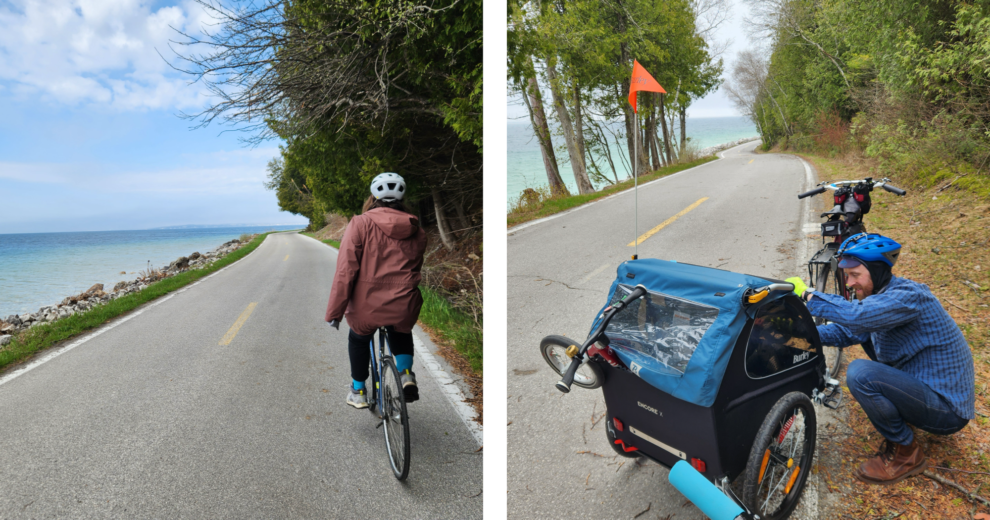Two images side by side, with the left featuring a woman in a helmet and maroon raincoat cycling away from the camera down an empty lakeside road on a sunny day. The right image shows a father in a blue helmet, blue button-down, jeans, and boots next to his bike and bike trailer on the side of the same lakeside road while checking on his son inside the trailer.