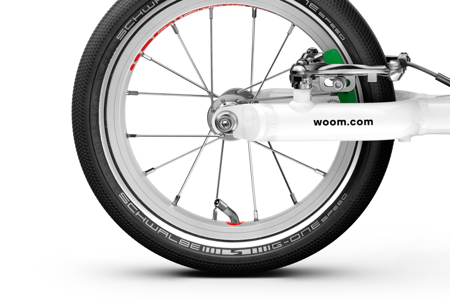 Rear 12″ wheel with extra narrow hub on the woom GO 1 balance bike